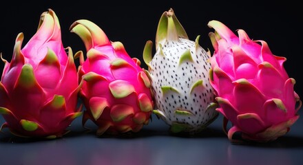 Dragon fruit on black background. Close up of pitahaya. Exotic Fruit Concept With Copy Space