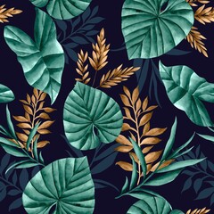 Watercolor leaves pattern, green and yellow foliage, navy blue background, seamless