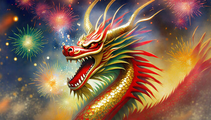 Chinesisches Neujahrsfest - Drache mit Feuerwerk im Hintergrund - Illustration