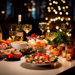 Christmas dinner with a table full of plates of food, appetizers and desserts, with New Year decorations and Christmas tree in the background