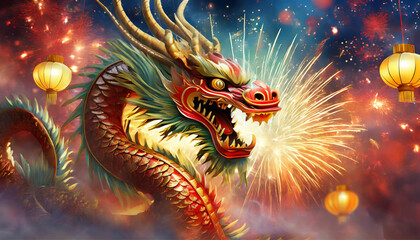 Chinesisches Neujahrsfest - Drache mit Feuerwerk im Hintergrund - Illustration