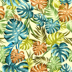 Watercolor leaves pattern, blue, green, orange and yellow foliage, yellow background, seamless
