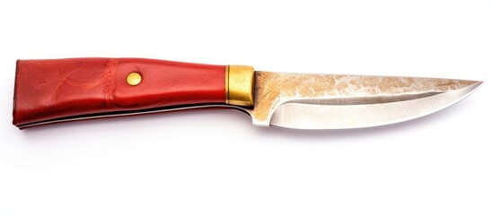 An isolated knife is encased in a leather envelope which is colored golden and red and placed on a white background