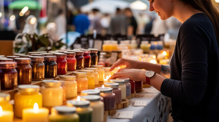 Woman browsing and admiring a variety of candles for sale at an art/craft show, marveling at the creativity - obrazy, fototapety, plakaty