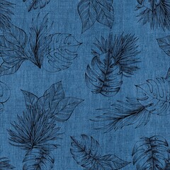 Watercolor leaves pattern, black foliage, blue background, seamless