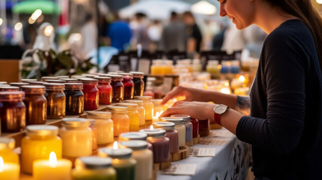Woman browsing and admiring a variety of candles for sale at an art/craft show, marveling at the creativity