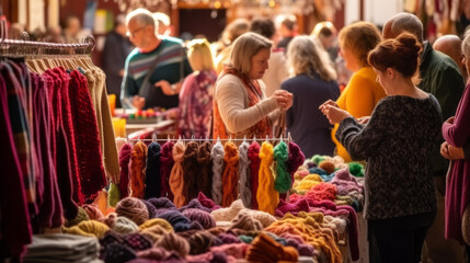 Cozy sweaters and handmade knitwear on display for sale at a local farmers market and craft show - obrazy, fototapety, plakaty