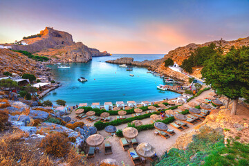 Panoramic view of St. Paul bay and acropolis of Lindos, Rhodes island, Greece - 670696159