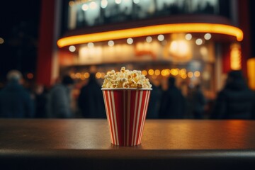 Bucket of popcorn on the table, cinema in the background, entertainment and leisure concept. Generative AI - obrazy, fototapety, plakaty