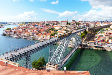 Fototapeta na wymiar Ponte Dom Luis I, Luis I Bridge.Porto Metro Train crossing..Porto, Oporto, Portugal, Europe