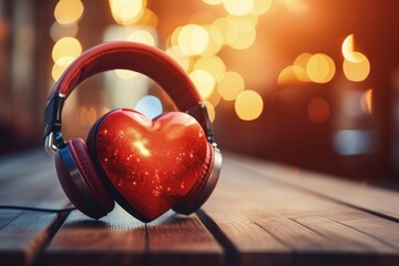 Illustration of red heart with headphones, music and love concept, bokeh background. Generative AI - obrazy, fototapety, plakaty