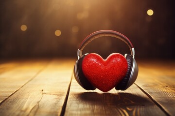 Illustration of red heart with headphones, music and love concept, bokeh background. Generative AI - obrazy, fototapety, plakaty