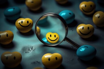 Illustration of magnifying glass and yellow heart with happy face, happiness concept. Generative AI