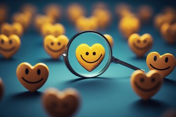 Illustration of magnifying glass and yellow heart with happy face, happiness concept. Generative AI - obrazy, fototapety, plakaty