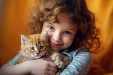 A cute little girl in a bedroom, tenderly hugging her adorable kitten, a beautiful portrait of friendship.
