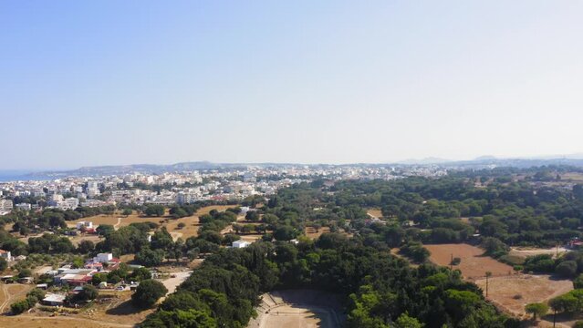 Rhodes Island, Greece, drone flight above Ancient Olympic Stadium, Acropolis of Rhodes