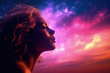 Landscape with a woman's face looking at the star and the milky way, beautiful and charming colors. Generative AI