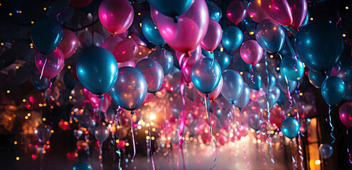 Colorful balloon in dark room.Balls and balloons in room decorated for birthday party. Colorful balloons hang under the black ceiling.