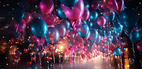 Photo sur Plexiglas Ballon Colorful balloon in dark room.Balls and balloons in room decorated for birthday party. Colorful balloons hang under the black ceiling.