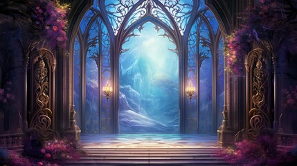 Enchanted Gothic Castle Archway with Mystical Glowing Forest - Fantasy Landscape Digital Art for...