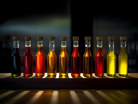 Bottles with different souces standing in a row. High quality