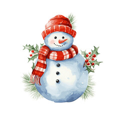 Funny snowman Christmas decor watercolor for new year greeting card on white background
