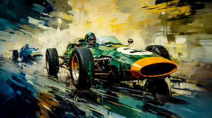 Fototapeta premium Car Racing Graphic in Oil and Acrylic on Canvas Illustration Wallpaper Cover Background Poster Digital Art 