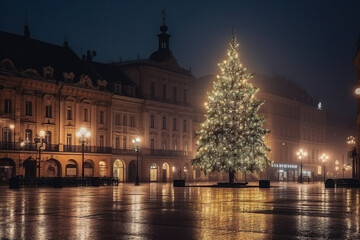 Fototapeta na wymiar Huge christmas tree in the market square of a modern city. Christmas market. Generative AI