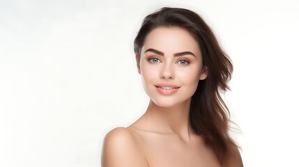 Naklejka premium Portrait of young happy woman looks in camera. Skin care beauty, skincare cosmetics, dental concept isolated over white background 