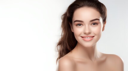 Naklejka premium Portrait of young happy woman looks in camera. Skin care beauty, skincare cosmetics, dental concept isolated over white background 