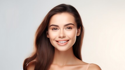 Obraz na płótnie Canvas Portrait of young happy woman looks in camera. Skin care beauty, skincare cosmetics, dental concept isolated over white background 
