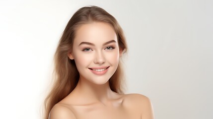Portrait of young happy woman looks in camera. Skin care beauty, skincare cosmetics, dental concept isolated over white background 