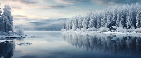 winter lake, dark white and dark aquamarine, realistic yet romantic, whimsical wilderness, glistening, meditative color contrasts. generative AI - obrazy, fototapety, plakaty