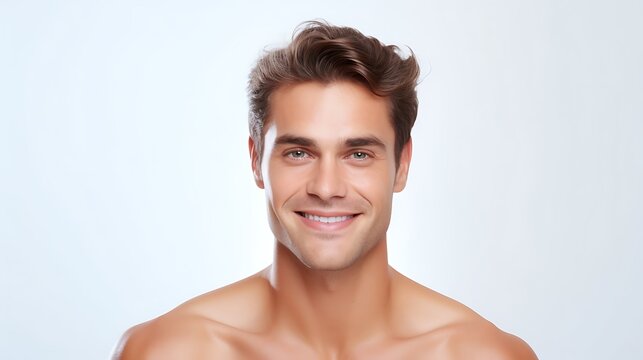 Portrait of young happy man looks in camera. Skin care beauty, skincare cosmetics, dental concept isolated over white background