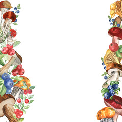 Watercolor composition of mushrooms and berries on a white background. Self made. Can be used in design, labels, cards, advertising brochures, children's books.