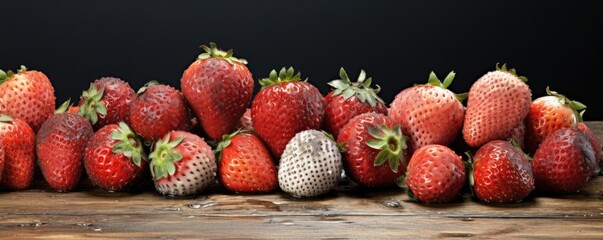 Strawberry fruit with white spot fungus, moldy strawberries, food banner panorama. Generative Ai.