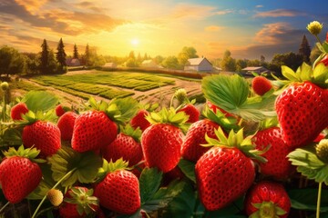 Red fresh strawberries in a row grow in the field, sunset light. Generative Ai.