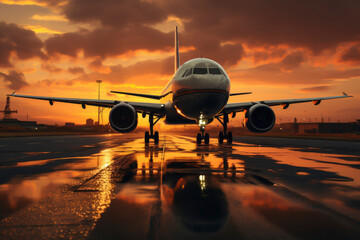 passenger plane fly up over take-off runway from airport at sunset - obrazy, fototapety, plakaty