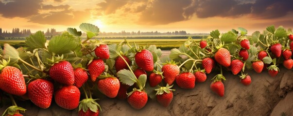 Red fresh strawberries in a row grow in the field, sunset light banner panorama. Generative Ai.