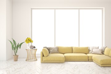 White living room with sofa. Scandinavian interior design. 3D illustration