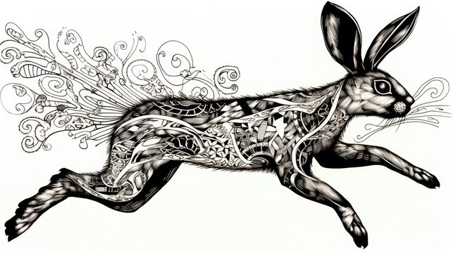  a black and white drawing of a rabbit with a floral pattern on it's body and a long tail.  generative ai
