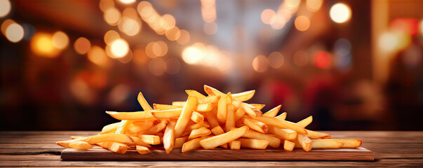 Fresh fries on table or board with glitters background. Fry in bowl. banner