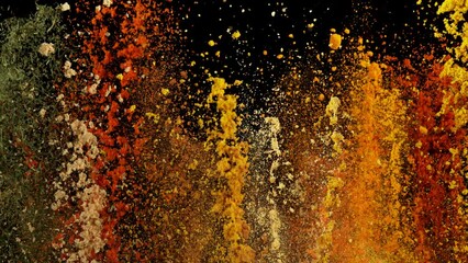 Super Slow Motion Shot of Colorful Explosion of Various Spices on Black Background at 1000fps. - Powered by Adobe