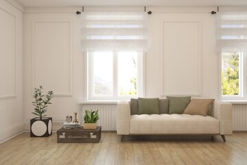 White living room with sofa. Scandinavian interior design. 3D illustration