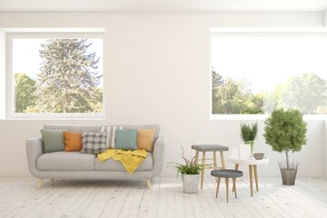 White living room with sofa and summer landscape in window. Scandinavian interior design. 3D illustration