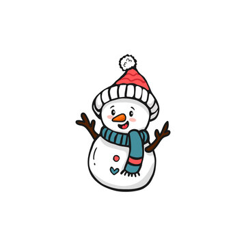 cute cartoon snowman with a scarf. Doodle style. Christmas card with snowman. Vector