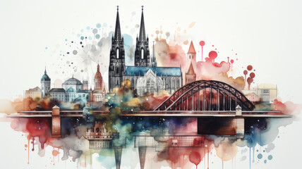 An illustration of Cologne's old town in colorful watercolors, isolated on a white background - obrazy, fototapety, plakaty