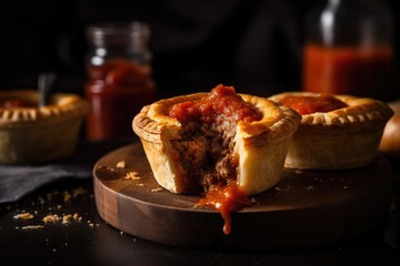 A close-up of a delicious Australian meat pie with tomato sauce, a popular food choice on Australia Day. The mouthwatering details and savory appeal of the traditional dish. - obrazy, fototapety, plakaty