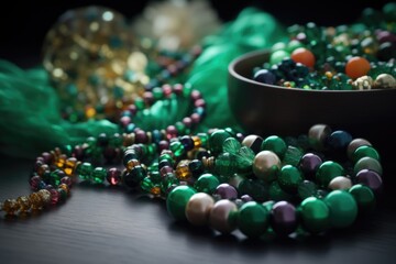 A collection of colorful beads and accessories, reminiscent of the festive parades and celebrations during Saint Patrick's Day.