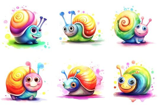 A set of six cartoon snails with different colors, watercolor clipart on white background.